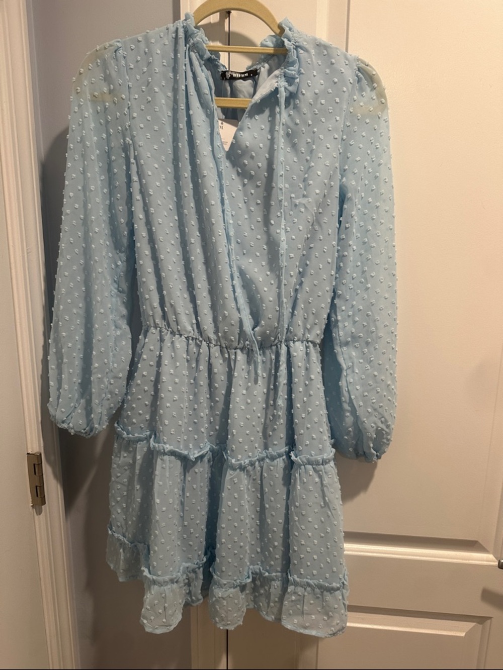 Light Blue Tiered Swiss Dot Kids Dress with Ruffle Neck